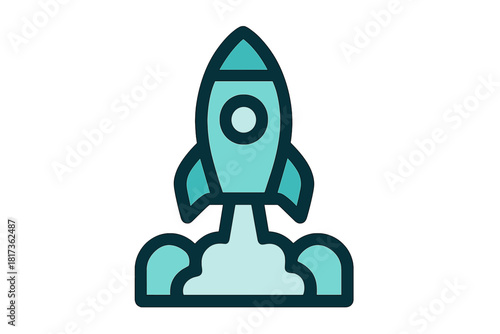 Rocket ship launching off the ground into space with smoke and fire trail