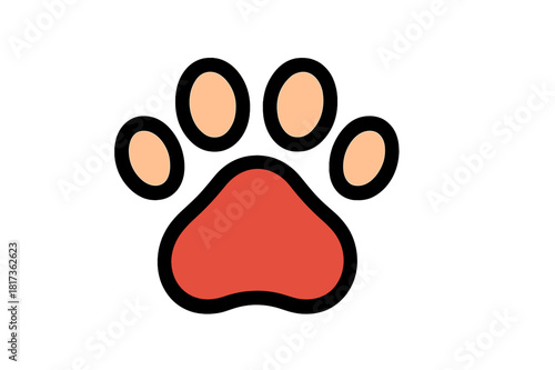 Cartoon animal paw print icon with large red pad and four small orange toes