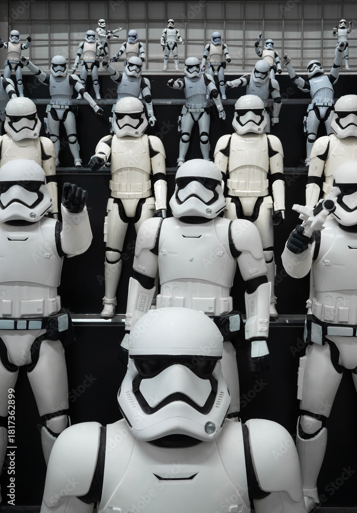 Naklejka premium tokyo, akihabara - sep 22 2025: Tiered display of George Lucas’s Star Wars stormtrooper figures at Yodobashi Camera’s pop culture floor, featuring white-armored soldiers posed in cinematic formation.