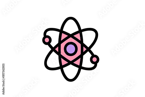 Stylized atomic structure model with orbiting electrons and nucleus in pink and purple