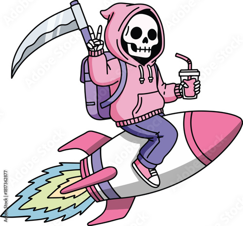 Trendy Reaper Rocket Ride with a Peace Sign and a Drink