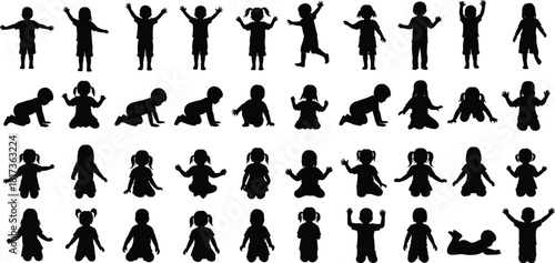 Silhouette collection of children standing, sitting, crawling, playing and raising hands, diverse kid poses vector illustration set for design use