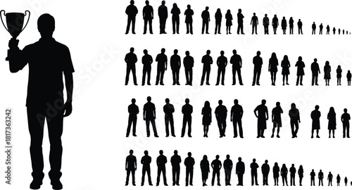 Silhouette collection of diverse people in multiple sizes standing in rows, crowd scaling concept for design, vector illustration set