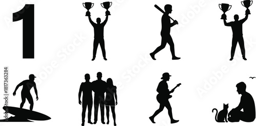 Silhouette collection of diverse people performing sports, celebrating victories, surfing, playing guitar, walking, and interacting with pets in various activities