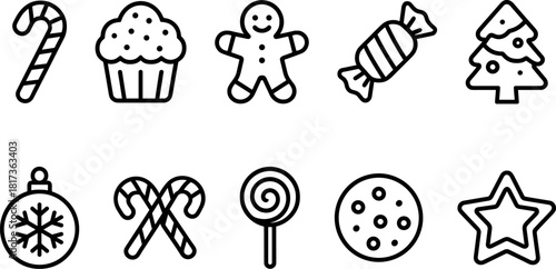 Vintage Christmas toys and gifts icons set. Rocking horse, nutcracker, teddy bear, decorations. Outline vector illustrations