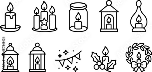 Vintage Christmas toys and gifts icons set. Rocking horse, nutcracker, teddy bear, decorations. Outline vector illustrations