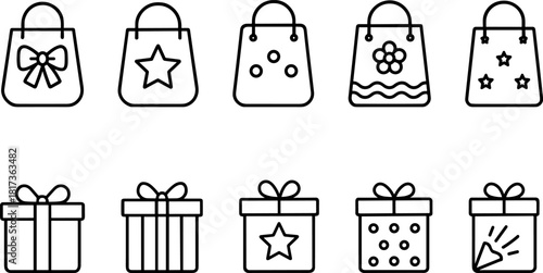 Vintage Christmas toys and gifts icons set. Rocking horse, nutcracker, teddy bear, decorations. Outline vector illustrations
