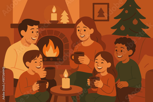 Cozy joy smiles vector gathered illustration sharing fireplace living cocoa kindness gathering