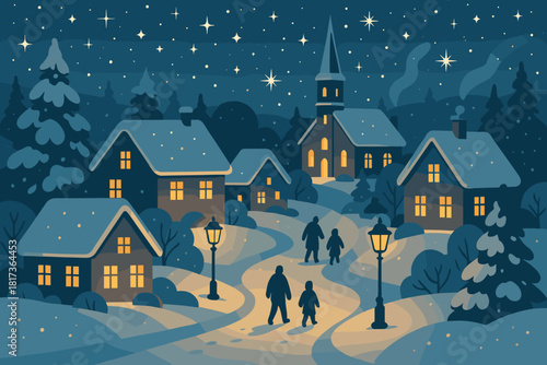 Village serenity snowy festive illustration heartwarming shining nostalgic small calm vector glowing