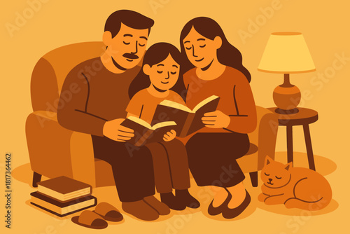 Reading lamplight family enveloping together cat vector cozy nearby glow illustration golden