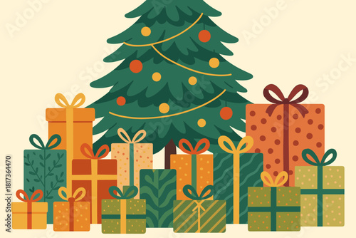 Vector christmas simple joyful illustration celebration depiction pile presents abundance gift tree