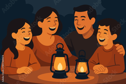Vector glowing around family lanterns illustration lantern soft shadow gathering joyful table