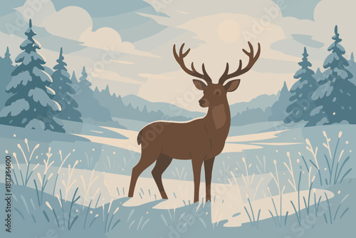 Delicate winter tranquility illustration tranquil snowy deer radiating vector quiet still frosty