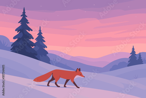 Twilight serene sky vector composition peaceful beauty walking snowy illustration winter pink