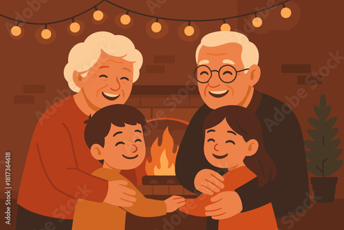 Grandchildren warmth illustration nostalgia fireplace holiday glowing string family vector grandparents filled