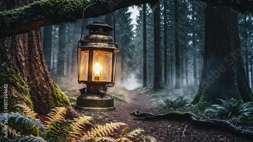 Wallpaper Mural A vintage lantern hanging in a misty forest creates a warm glow amidst tall trees and lush greenery on a foggy day Torontodigital.ca