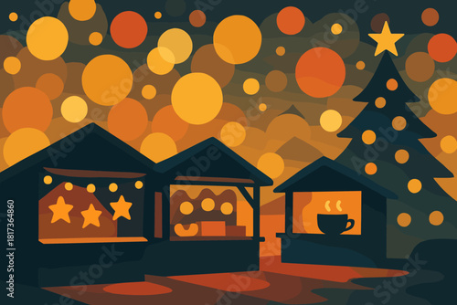 Festive market illustration simple vector lights stalls through expressive mood glow shapes