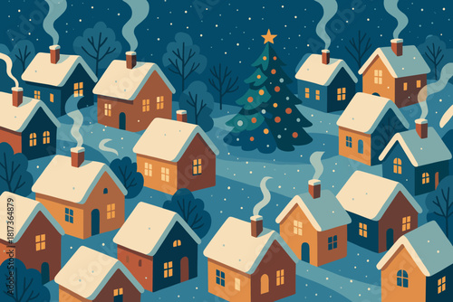Curling charming vector snowy decorated above trees smoke snow village town illustration