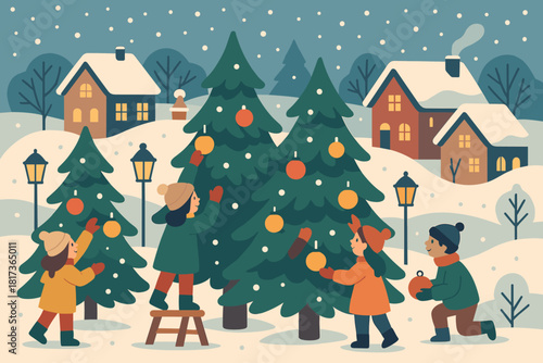 Wonderland vector snow winter illustration pine houses falling festive outdoors rooftops covered