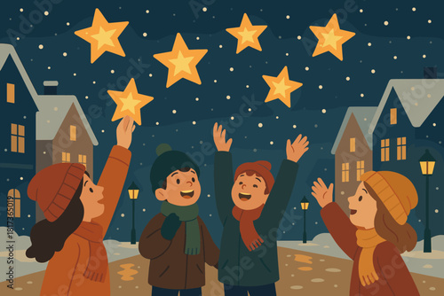 Illustration starry streets glowing stars vector sky warm celebration gently falling night