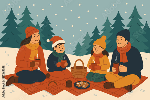 Picnic hot winter illustration snowflakes around family hill joy joyful vector pine