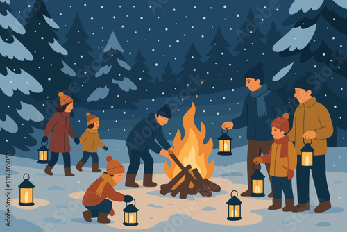 Bonfire forest winter cozy lanterns vector gathering illustration snow atmosphere clearing soft