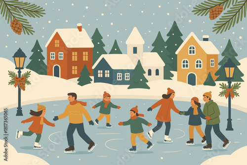 Pond vector skating village winter illustration gently children lanterns adults ice pine