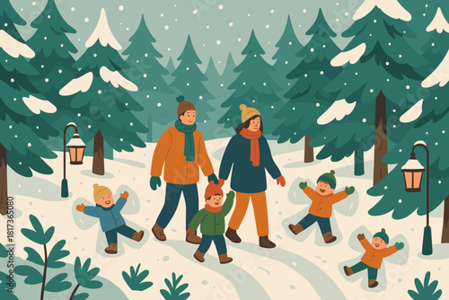 Angels wonderland lanterns stroll illustration festive children walking scene making vector winter