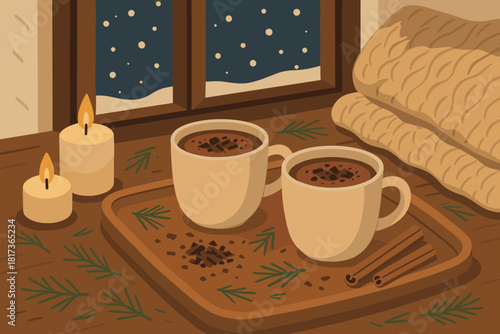 Window tray needles glowing candles vector winter cozy wooden cocoa snow illustration
