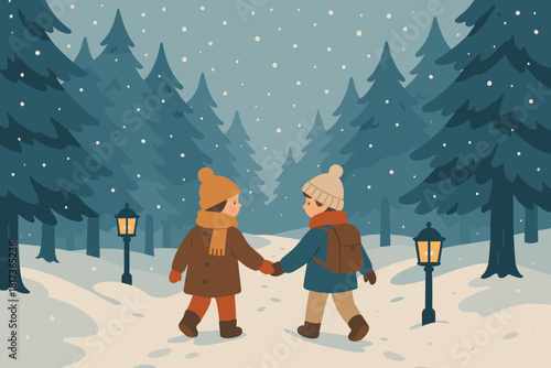 Moment wonderland vector pine winter falling either walk trees illustration path soft