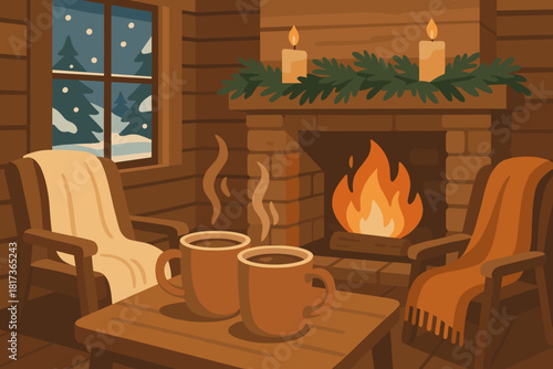 Mantel illustration draped cozy retreat cocoa snow interior vector chairs cabin table