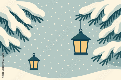 Abstract illustration minimalist vector branches lanterns winter flat snowfall pine scene composition