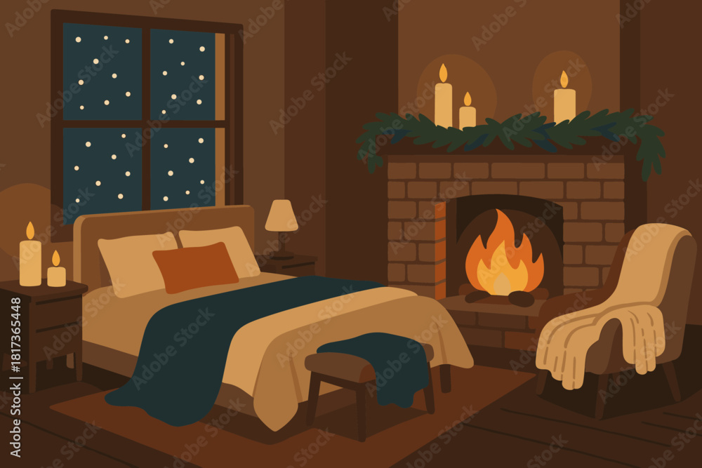 Naklejka premium Glowing illustration pillows winter cozy night snow garlands room outside retreat vector