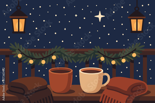 Cozy scene warm balcony gently pine vector winter illustration evening cocoa above