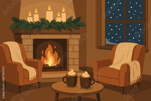 Outside glowing cocoa illustration mugs fireplace living winter mantel falling vector table