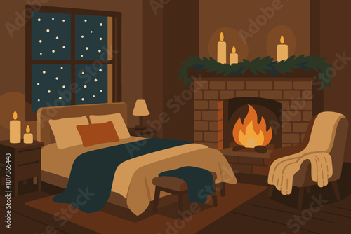 Glowing illustration pillows winter cozy night snow garlands room outside retreat vector