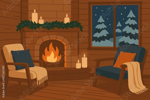 Through vector fireplace cabin illustration peaceful winter night glowing visible cozy retreat
