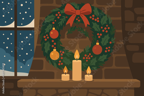Nearby winter snow candles vector fireplace festive holly softly stone illustration inviting