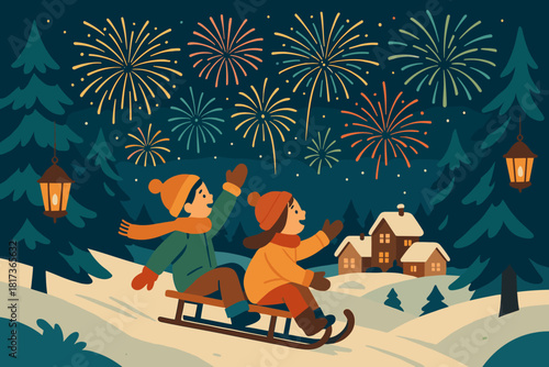 Vector winter looking fireworks illustration joyful exploding children lanterns celebration around
