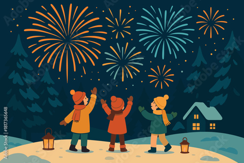 Year joyful cottages light fireworks illustration winter trees up vector clearing new