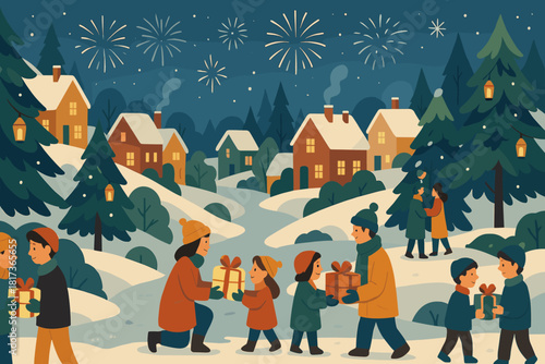 Streets along view pine festive cottages distance exchange gift illustration vector decorated