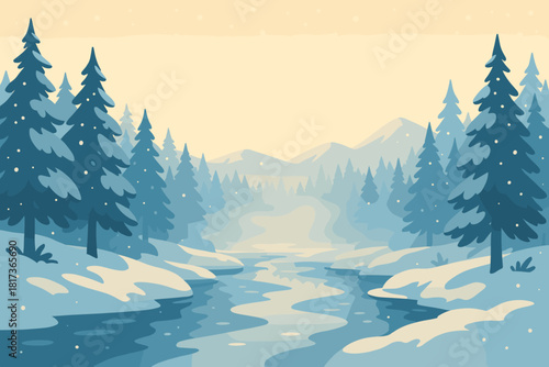 Frosty winter golden illustration morning vector snowflakes under rising soft serene bliss
