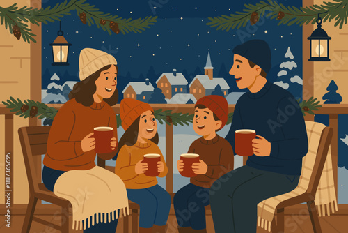 Cocoa pine balcony scene cozy decorating blankets winter sharing vector lanterns illustration