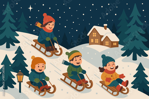 Around trees tobogganing vector night lanterns down toboggans pine illustration winter holiday