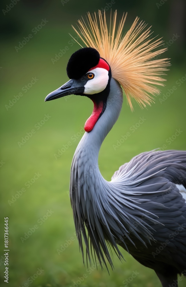 Obraz premium Close up photo shows a grey crowned crane with unique head crest. Bird has black crown red throat and detailed feathers. Green background highlights the crane.