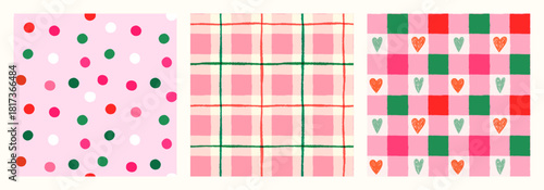 Pink, green and red dots, hearts and gingham vector seamless pattern set, Cute Christmas backgrounds