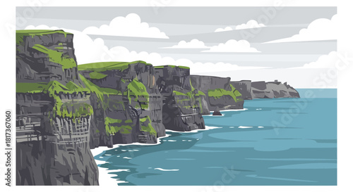 A panoramic illustration of towering cliffs meeting the vast ocean under a cloudy sky.