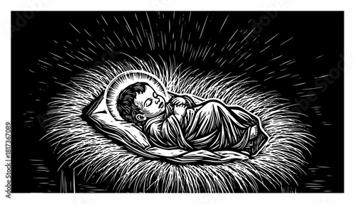 Baby Jesus in a manger nativity scene woodcut style vector illustration showing Christian Christmas holiday religious art with black and white engraving of Christ child