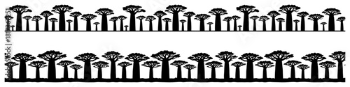 African baobab tree silhouette seamless border set black and white savanna landscape nature vector illustration