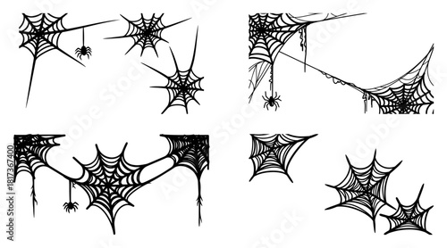 Spider web corner decoration vector set showing Halloween cobweb borders with hanging spiders in spooky black silhouette design elements